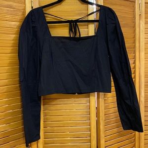Boohoo | black long sleeve crop top with tie and zipper back